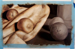 Umber underpainting with open grisaille on the right.